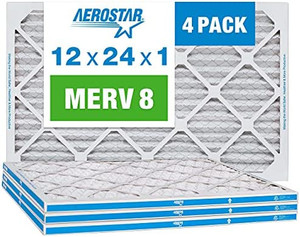 lot 6596 image: Aerostar 12x24x1 MERV 8 Pleated Air Filter, AC Furnace Air Filter, 6 Pack (Actual Size 11 34x23 34x34)
