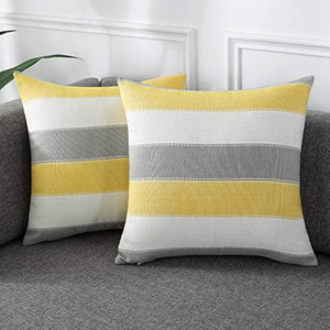 lot 9093 image: Pack of 2 Farmhouse Stripe Check Throw Pillow Covers Set Case Cotton Linen Decorative Pillowcases Cushion Cover for Couch Bench Sofa 16x16Inch Yellow Beige see pics for style