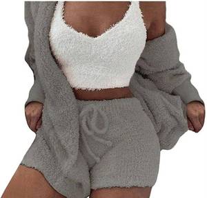 lot 9105 image: Famnbro Womens Sexy Fuzzy 3 Piece Outfits Fleece Warm Hooded Cardigan Crop Top Shorts Set Pajamas Loungewear size S