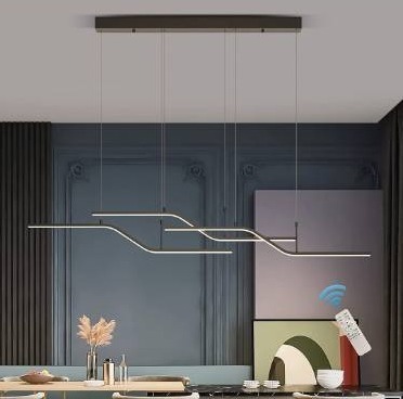 lot 25067 image: Eiinee Modern LED Pendant Lighting, Dimmable Modern LED Chandelier Linear Wave Light Fixture, LED Hanging Light Fixture for Dining Room Kitchen Island Breakfast Area Living Room (3-Light 45W Black)