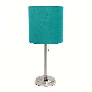 lot 10062 image: Limelights LT2024-TEL Stick Charging Outlet and Fabric Table Lamp, 19.50 x 8.50 x 8.50 inches, Brushed Steel BaseTeal Shade