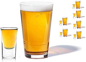 lot 10075 image: Beer Glass and Shot Glass Set, 8 Piece Drinkware Set Includes 4 Pint Glasses, 4 Shotglasses Thick, Heavy-Duty Glass  For Home, Pub, Party or Cocktail  16 oz. and 1.5 oz. Sizes  BY Olivia & Aiden