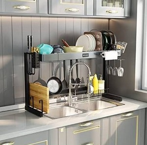 lot 10079 image: Over The Sink Dish Drying Rack - SINOART 2-Tier Dish Drying Rack Over Sink Adjustable Length(26-37.5in), Stainless Steel Dish Drainer, Dishes Rack Kitchen Storage Organizer Space Save