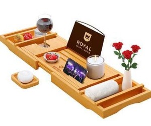 lot 10096 image: Luxury Bathtub Caddy Tray, 1 or 2 Person Bath and Bed Tray, Bath Tub Table Caddy with Extending Sides - Free Soap Dish (Natural)