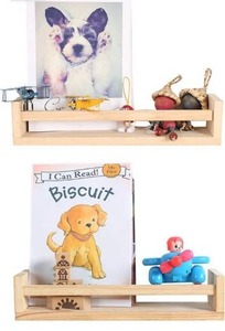 lot 10100 image: Wood Floating Nursery Shelves - Set of 2 -Wall Shelves for Bathroom Decor, Kitchen Spice Rack, or Book Shelf Organizer for Baby Nursery Room Decor Pine Natural Wood