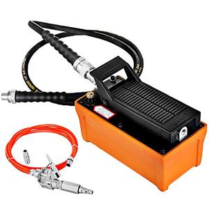 lot 10113 image: Mophorn Air Hydraulic Pump 10000 PSI Air Over Hydraulic Pump 12 Gal Reservoir Air Treadle Foot Actuated Hydraulic Pump 38 NPT with 6 ft Hose 2 Connector Single Acting for Car Repair (Orange)
