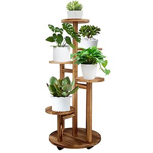 lot 10124 image: GEEBOBO 5 Tiered Tall Plant Stand for Indoor Outdoor, Wood Plant Shelf Corner Display Rack, Multi-tier Planter Pot Holder Flower Stand for Living Room Balcony Garden Patio (Walnut)