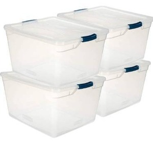 lot 10147 image: Rubbermaid Cleverstore Clear 71 Qt18 Gal, Pack of 4 Stackable Large Storage Containers with Durable Latching Clear Lids, Visible Storage, Great for Tools, Sports Equipment, and Large Items