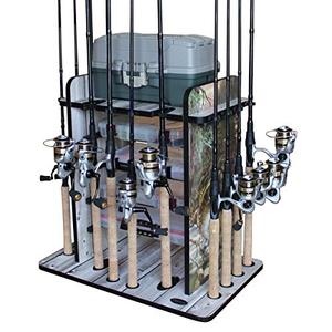 lot 10149 image: Rush Creek Creations 14 Fishing Rod Rack with 4 Utility Box Storage Capacity - Fishing Pole, Tackle Box, and Equipment Holder, Bass Inspired Finish (38-3009)
