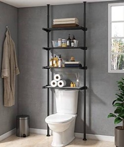 lot 10161 image: ALLZONE Bathroom Organizer, Over The Toilet Storage, 4-Tier Adjustable Shelves for Small Room, Saver Space, 92 to 116 Inch Tall, Black