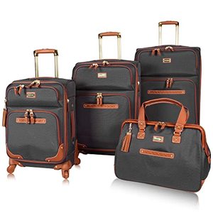 lot 10162 image: Steve Madden Luggage Set 4 Piece- Softside Expandable Lightweight Suitcase Set With 360 Spinner Wheels - Travel Set includes a Tote Bag, 20-Inch Carry on, 24 & 28 Inch Checked Suitcases (Black) Retail$499.99