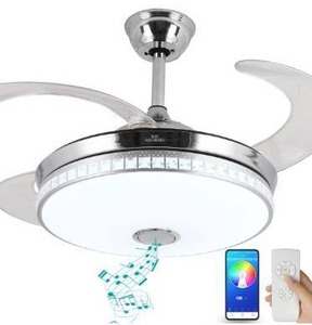 lot 10232 image: BAYSQUIRREL Retractable Ceiling Fan with Light and Bluetooth Speaker, 7 Changing Color LED Bluetooth Fan Chandelier with Remote 36W (Chrome)