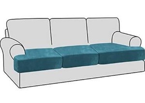lot 10249 image: VERSAILTEX Stretch Velvet 3 Piece T Cushion Sofa Slipcovers Individually Sofa Cushion Covers for 3 Cushion Couch Seat Cushion Cover for Sofa Seat Cushion Cover Stay with Elastic Bands, Peacock Blue