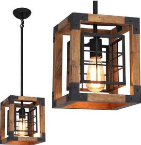 lot 10273 image: Rustic Farmhouse Pendant Light, 1-Light Rustic Wood Cage Industrial Hanging Ceiling Light Fixture for Kitchen Island, Entryway, Foyer, Living Room and Dining Room