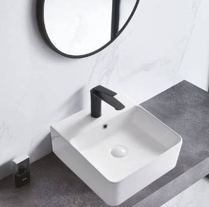 lot 10277 image: Bathivy Bathroom Sink and Pop Up Drain Set, 16.5 Inch Rectangular White Above Counter Porcelain Ceramic Bowl Artistic Sinks with Overflow and Single Faucet Hole