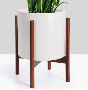 lot 10278 image: FineIris 14 Inch Plant Stand with Planter - Mid Century Modern Standing Planter - 10 Inch White Ceramic Planter with Drainage and Wood Stand for Indoor Plants, Flowers, Fig Tree