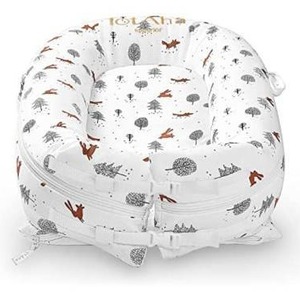 lot 10284 image: Organic Newborn Baby Nest  TotAha Superior Dock for A Tot  100% Cotton  All in One Multi-Functional Baby Dock  Portable Lounger & Infant Floor Seat  Newborn Essentials  Gift Set Woodland