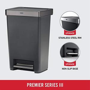 lot 10330 image: Rubbermaid Premier Series III Step-On Trash Can for Home and Kitchen, with Stainless Steel Rim, 12.4 Gallon, Charcoal