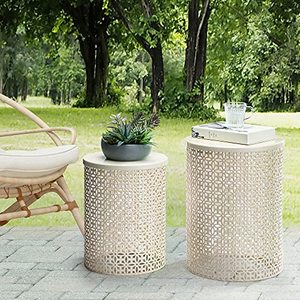 lot 10331 image: Glitzhome Nesting Side Table Set of 2 Decorative Garden Stools for Indoor Outdoor Heavy Duty Metal Frame Side Table Modern End Table, Cream White