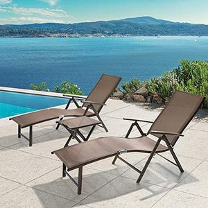 lot 10366 image: Crestlive Products Folding Patio Chaise Lounge Chair for Outside, Set of 2 with Table, Aluminum Adjustable Outdoor Pool Recliner Chair, Brown Frame, 8 Positions (Brown)