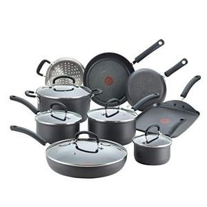 lot 10385 image: T-fal E765SEFA Ultimate Hard Anodized Nonstick 14 Piece Cookware Set, Dishwasher Safe Pots and Pans Set, Black