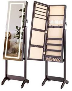 lot 74026 image: LUXFURNI LED Light Jewelry Cabinet Standing Full Screen Mirror Makeup Lockable Armoire, Large Cosmetic Storage Organizer w Brush Holder (Brown)