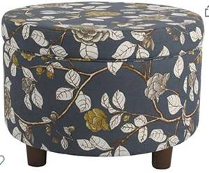 lot 74055 image: Homepop Home Decor  Upholstered Round Storage Ottoman  Ottoman with Storage for Living Room & Bedroom (Navy Floral)