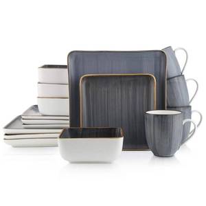 lot 74070 image: STONE LAIN Esmeralda 16-Piece Gray Porcelain Square Dinnerware Set Brushed Design