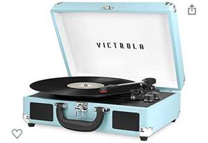 lot 74077 image: Victrola Vintage 3-Speed Bluetooth Portable Suitcase Record Player with Built-in Speakers  Upgraded Turntable Audio Sound Includes Extra Stylus  Turquoise, Model Number VSC-550BT