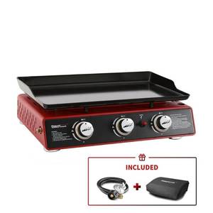 lot 74082 image: Royal Gourmet PD1301R Portable Table Top 24-Inch Gas Grill 3-Burner Griddle with Cover 25 500 BTUs for Outdoor Cooking while Camping or Tailgating Red