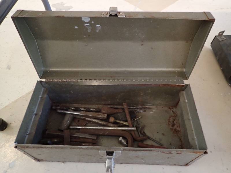 lot 2821 image: Green Metal Tool Storage Box w Hardware And Wrenches