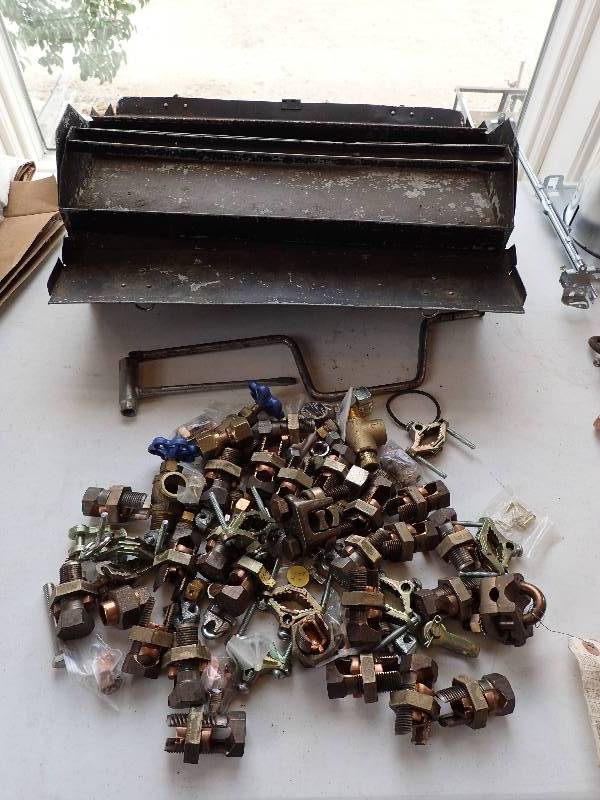 lot 1365 image: Large Lot Of Copper Pipe Fitting With Vintage Small Metal Toolbox