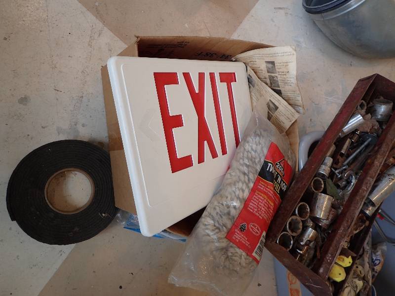 lot 1387 image: Misc. Hardware With Window Blinds And Totes With Exit Sign