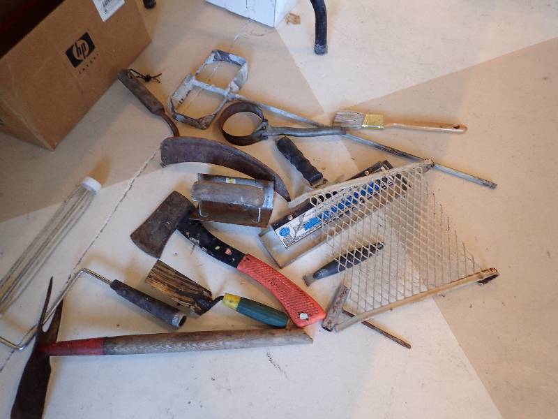 lot 1428 image: Large Lot Of Misc. Tools, Axe, Brush, Filter Wrench And More