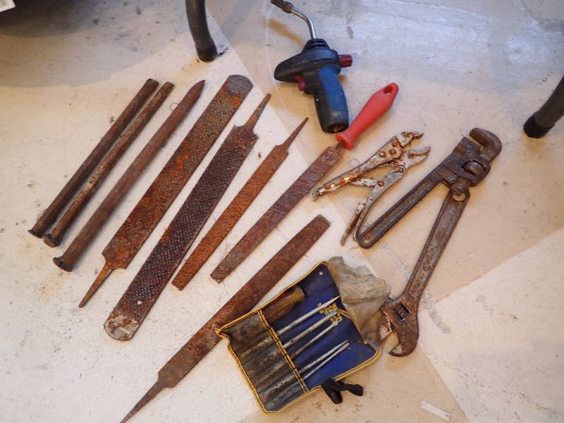 lot 1429 image: Lot Of Metal Files With Pipe Wrench And Torch Head
