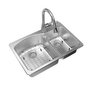 lot 25482 image: Glacier Bay All-in-One Dual Mount Stainless Steel 33 in. 2-Hole Double Bowl Kitchen Sink Kit with Faucet, Brushed Stainless Steel