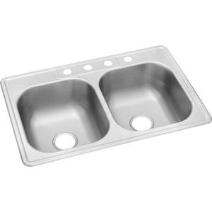 lot 25488 image: Glacier Bay Drop-In Stainless Steel 33 in. 4-Hole Double Bowl Kitchen Sink, Silver