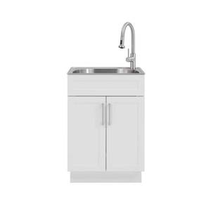 lot 25555 image: Glacier Bay All-in-One Stainless Steel 24 in Laundry Sink with Faucet and Storage Cabinet in White
