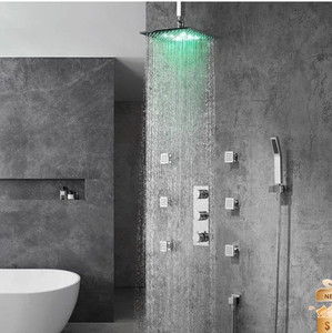 lot 50321 image: Modern Ceiling Mounted Thermostatic LED Rain Shower System