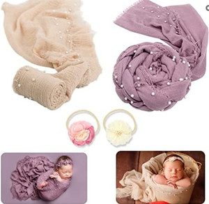 lot 50412 image: 2 - Newborn Photography Props Wrap Knit,Handmade Pearl Decor Wrap Blanket Swaddle