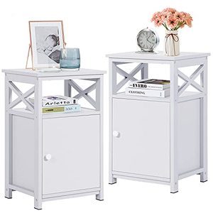 lot 50506 image: Vecelo Modern End Side Table with Storage Cabinet, Set of 2, Antique White