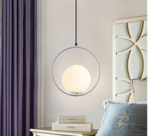lot 50527 image: Bokt Adjustable Silver Frame Hanging Light Fixture Frosted Globe Lampshade