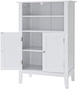 lot 50660 image: IWELL White Bathroom Cabinet with 2 Adjustable Shelves, 6 Adjustable Heights, Free Standing Wooden Organizer with 2 Doors for Bathroom  (May not be the exact stock photo)