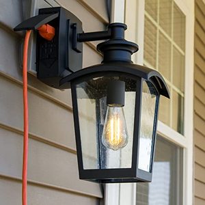 lot 50667 image: Home Luminaire 31703 Spence 1-Light Outdoor Wall Lantern with Seeded Glass and Built-in GFCI Outlet, Black