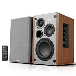 lot 50695 image: Moukey Powered Bookshelf Speakers Pair- Bluetooth 5.0 Studio Monitors, 3 Way 421 Speakers, Wooden 2.0 Stereo Active Speakers - 50 Watts RMS (MA20-1), White   (Different color than stock photo)