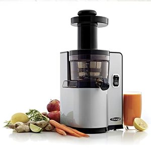lot 50707 image: Omega VSJ843QS Juicer Vertical Slow Masticating Juice Extractor 43 RPM Compact Design with Automatic Pulp Ejection, 150-Watt, Silver   Plugged in--Didnt appear to turn on  (SOLD AS IS)