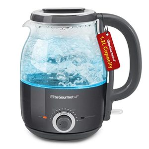 lot 50713 image: Elite Gourmet EKT1220DG 1.2L Electric BPA-Free Glass Kettle, Temperature Dial Keep Warm Function, Cordless 360° Base, Blue LED Interior, Auto Shut-Off Function � Quick Boil, Dark Gray