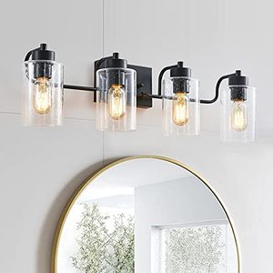 lot 51273 image: XPEHK Vanity Lights for Bathroom,4-Light Black Bathroom Light Fixtures with Seeded Glass Shades Matte Black Finish Modern Wall Sconce Lighting