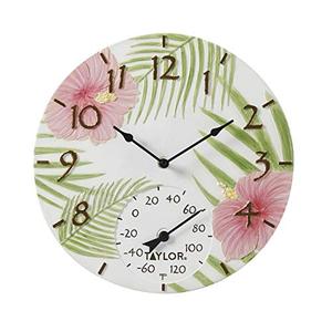 lot 51289 image: Taylor Precision Products Pink Hibiscus Poly resin Clock and Thermometer, 14 Inch  (SOLD AS IS)