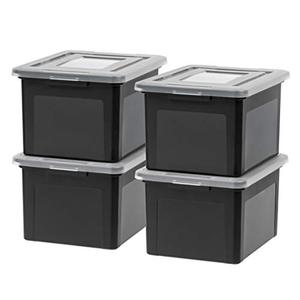 lot 51302 image: IRIS USA Letter & Legal Size Plastic Storage Bin Tote Organizing File Box with Durable and Secure Latching Lid, Stackable and Nestable, 4 Pack, Black  (SOLD AS IS)